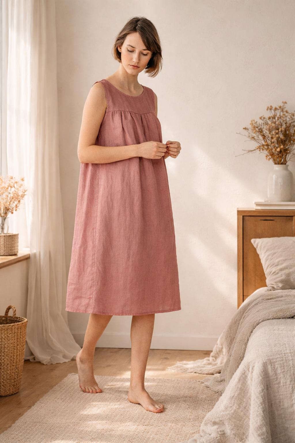 100% Linen Lounge Dress, Sleeveless Loose Linen Nightdress, Breathable Summer Pajamas Dress, Minimal Linen Clothing