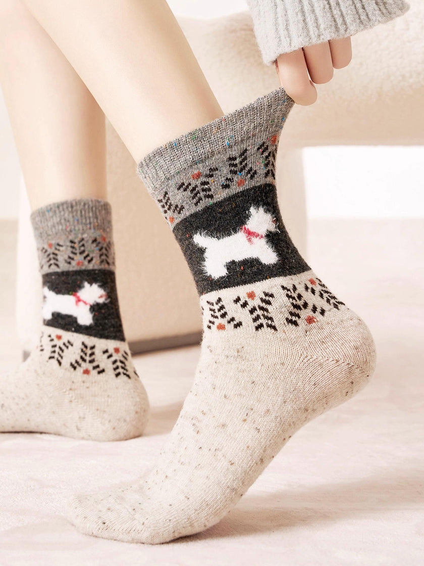 Lian Loungewear Merino Cotton Socks 4-Pack featuring playful dog, cat, and Scotty designs in cozy gift set.
