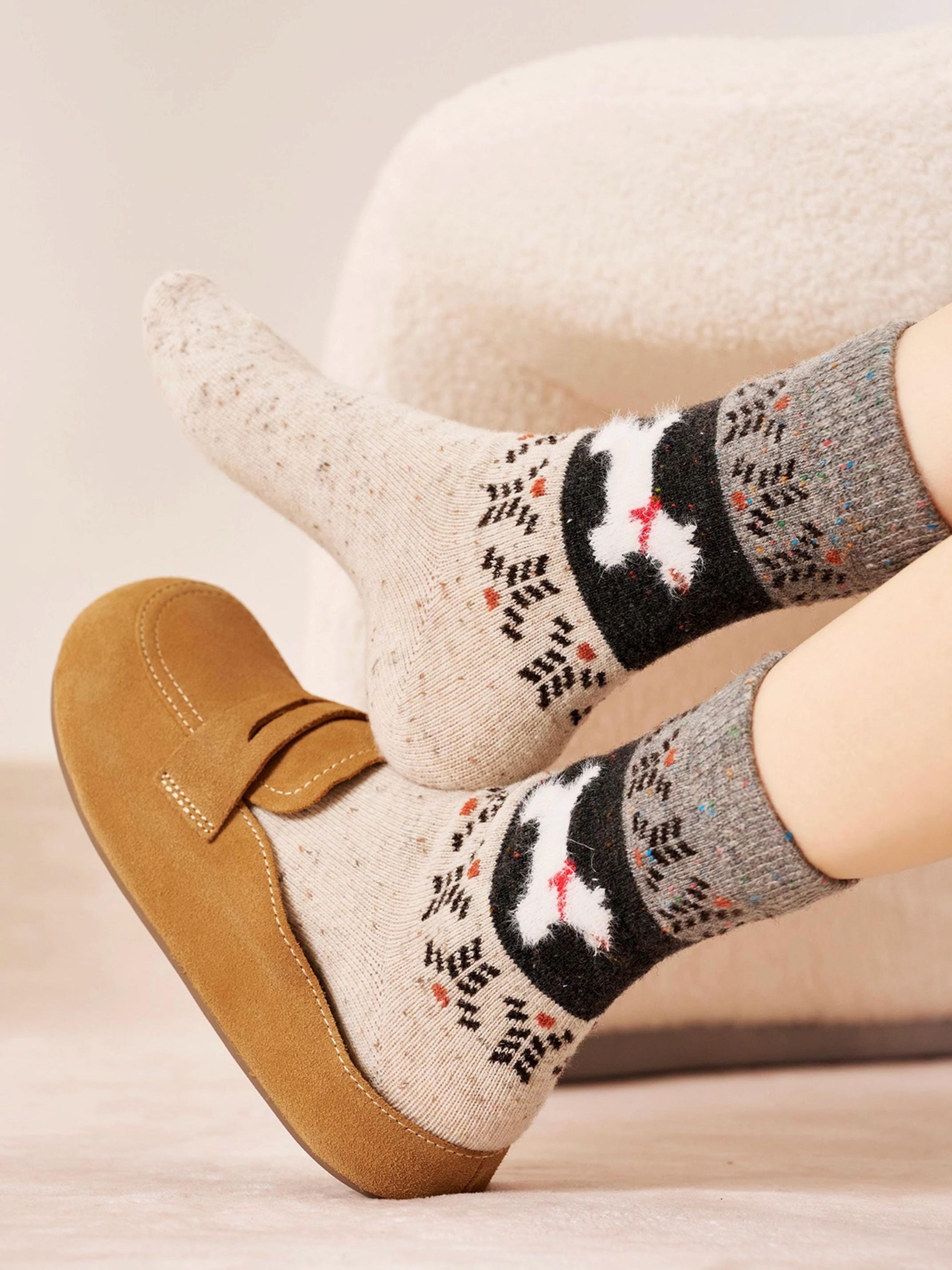 Lian Loungewear Merino Cotton Socks 4-Pack featuring dog, cat, and Scotty designs, soft and cozy for pets and pet lovers.