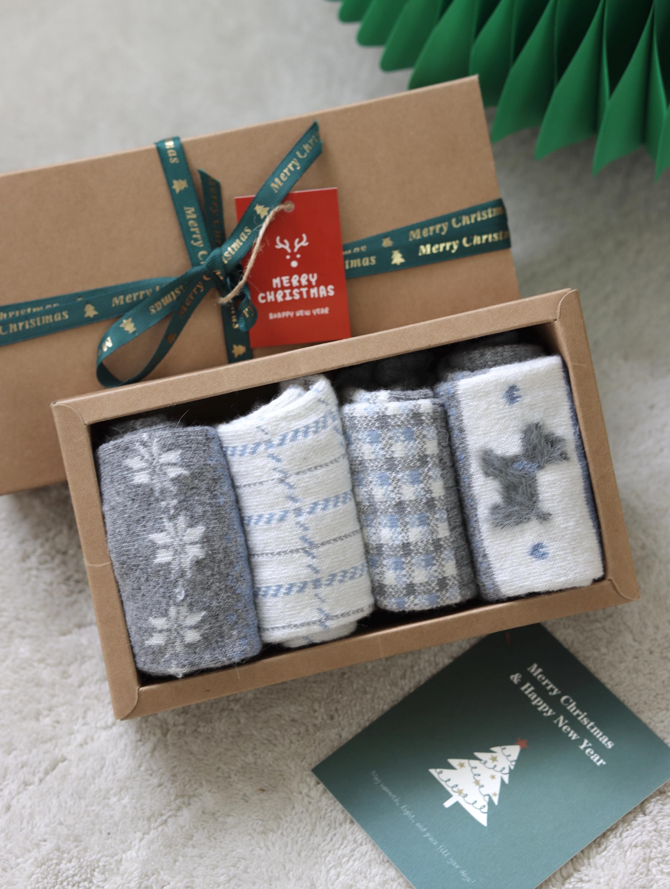 Set of four natural Merino wool and cotton blend socks for girls in two color themes, in a gift box, ideal for Christmas stockings.