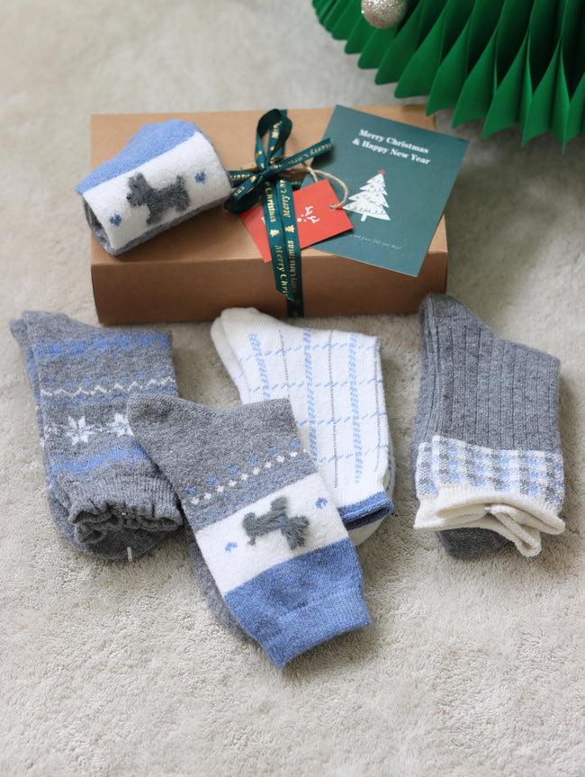 Set of four natural Merino wool and cotton blend socks from Lian Loungewear in two color themes, ideal for girls and Christmas stockings.