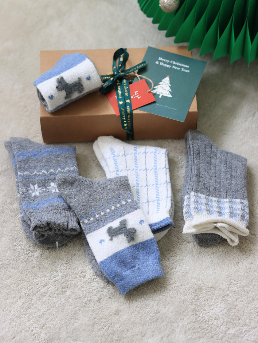 Set of four natural Merino wool and cotton blend socks from Lian Loungewear in two color themes, ideal for girls and Christmas stockings.