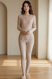 Lian Loungewear infant cotton thermal pajama base layer in soft ribbed design, in rose pink and almond beige, breathable warm sleepwear.