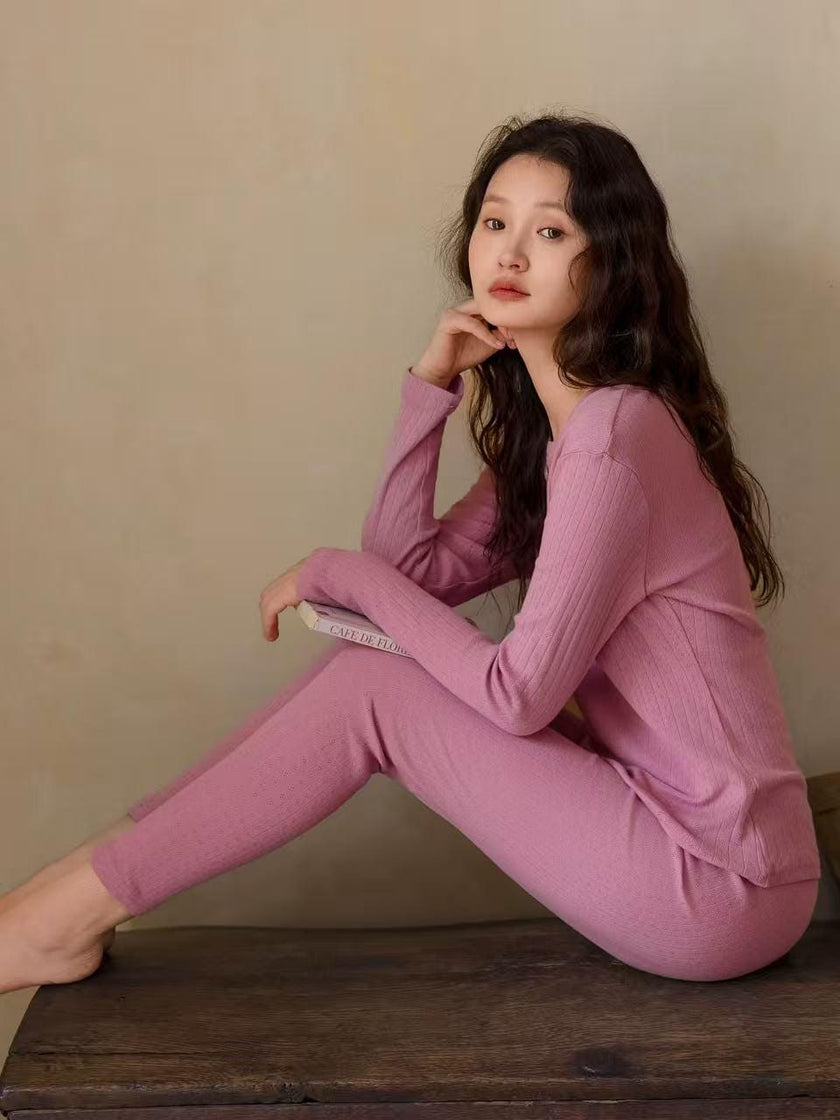 Infant cotton thermal pajama base layer by Lian Loungewear, soft ribbed loungewear set in rose pink and almond beige.