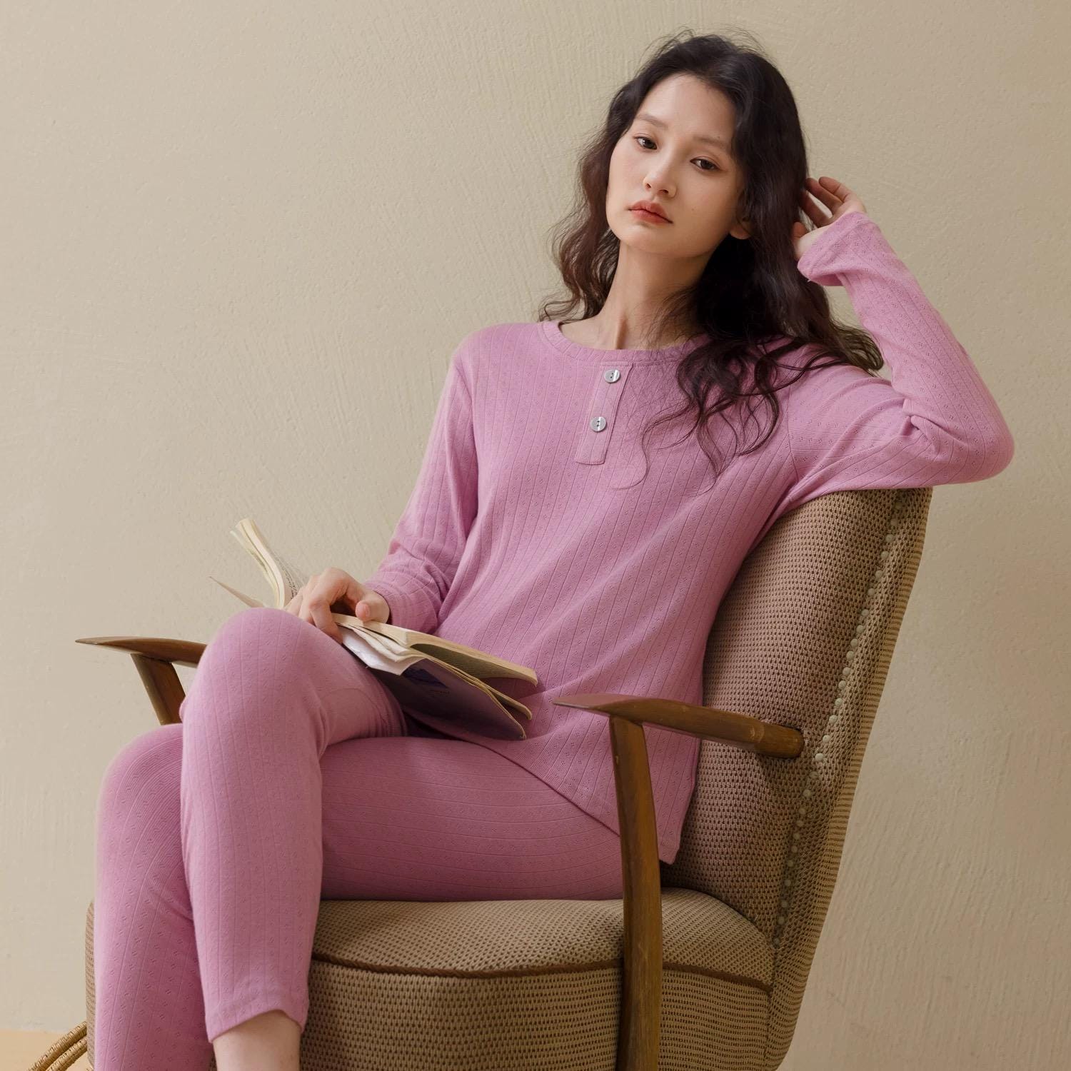 Lian Loungewear infant cotton thermal pajama base layer in soft ribbed rose pink and almond beige, breathable warm sleepwear for babies.