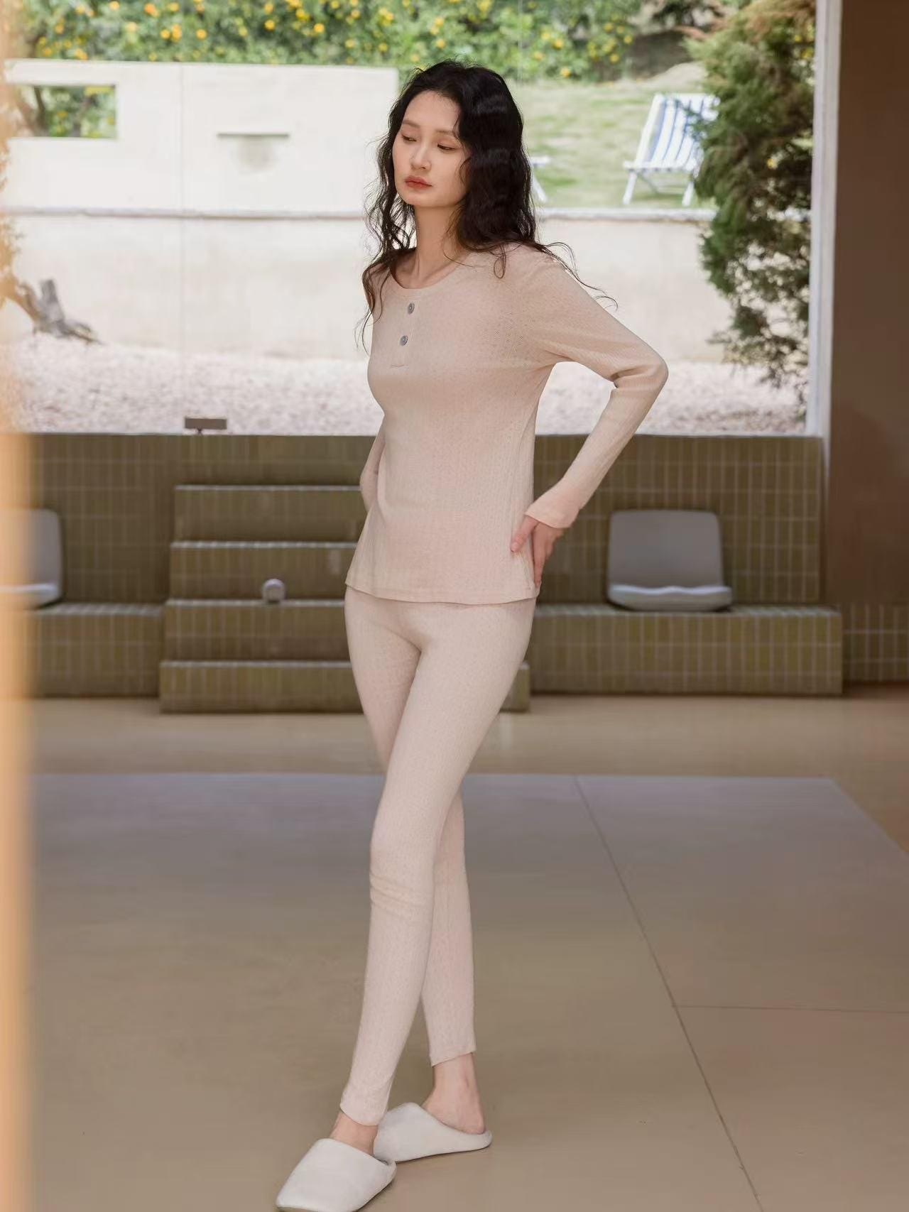 Infant cotton thermal pajama base layer set by Lian Loungewear in rose pink and almond beige with ribbed, breathable warm sleepwear.