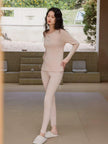 Infant cotton thermal pajama base layer set by Lian Loungewear in rose pink and almond beige with ribbed, breathable warm sleepwear.