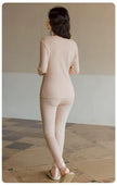 Lian Loungewear infant-grade cotton thermal pajama base layer in beige, soft ribbed loungewear set in rose pink and almond beige.