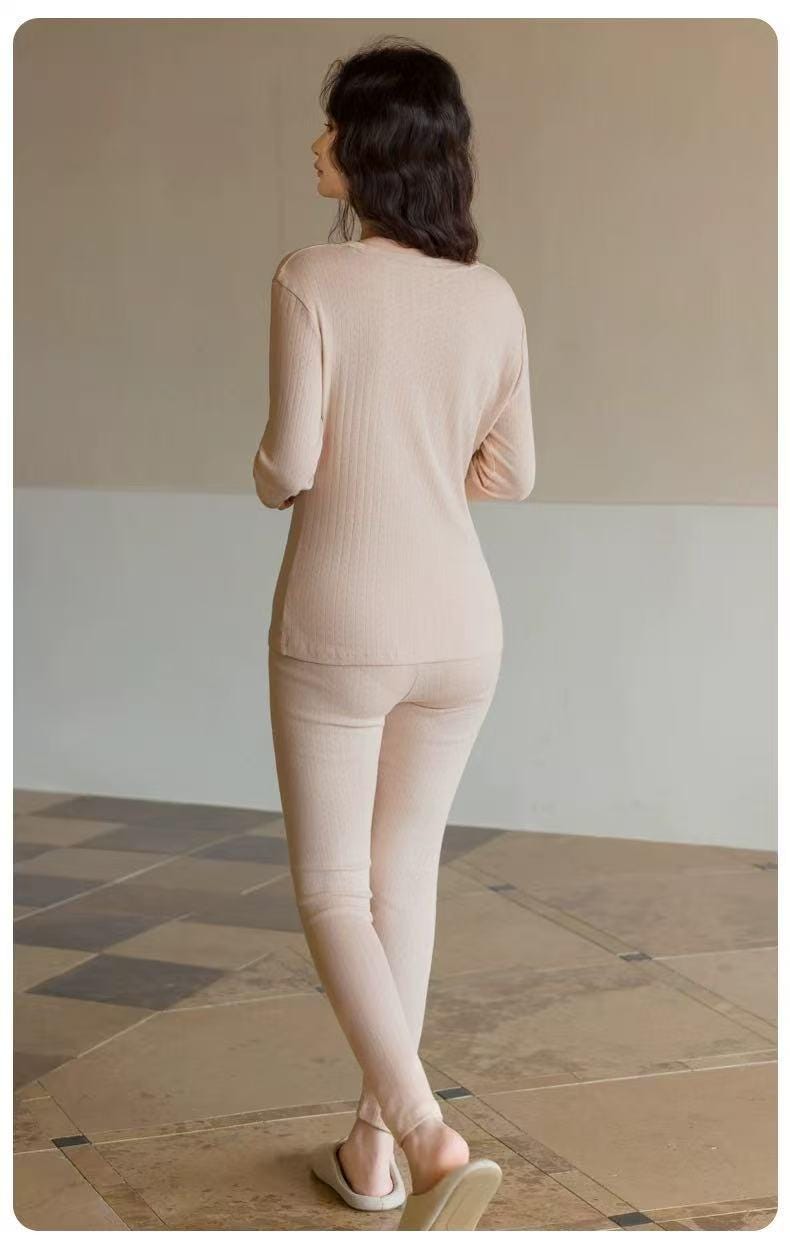 Lian Loungewear infant-grade cotton thermal pajama base layer in beige, soft ribbed loungewear set in rose pink and almond beige.
