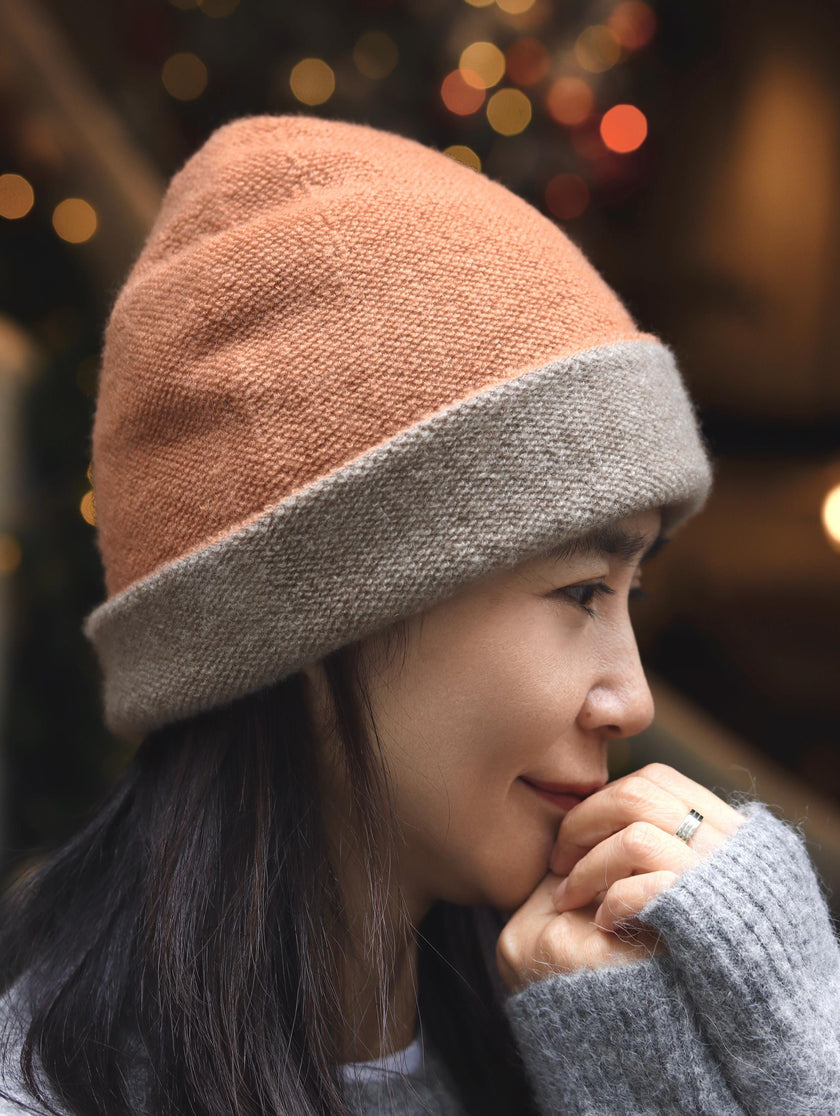 Lian Loungewear dark brown and oatmeal cashmere beanie, two-tone knit winter hat with cozy, soft texture and ribbed design.
