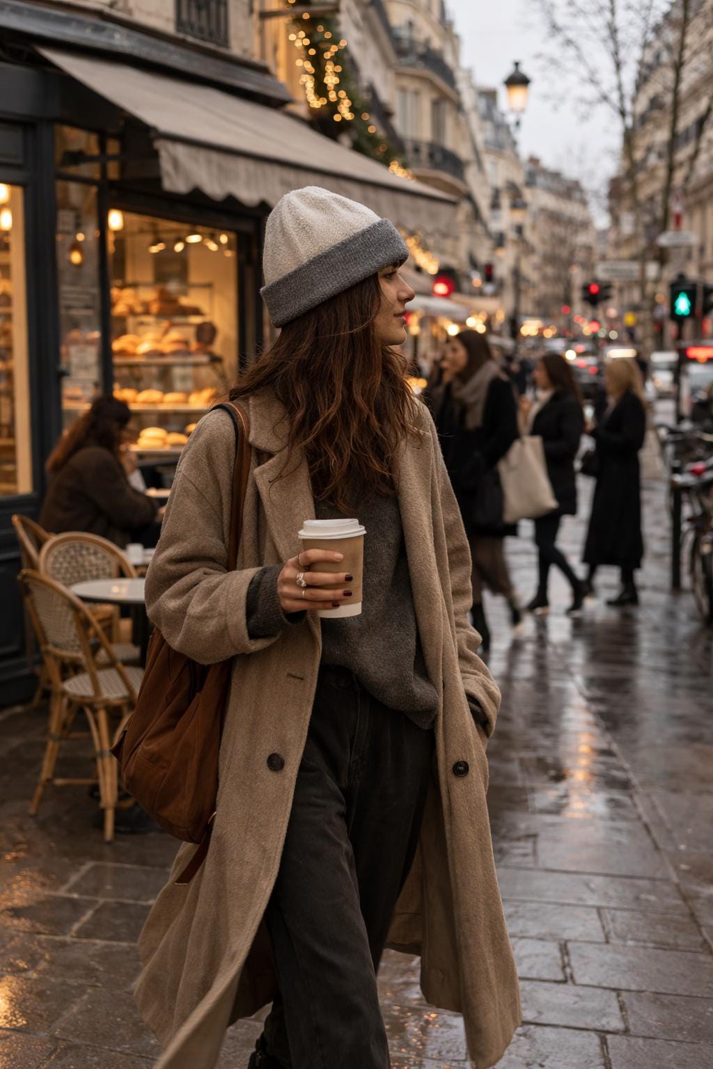 Lian Loungewear dark brown and oatmeal cashmere beanie, two-tone knit winter hat, soft and warm for cold weather.