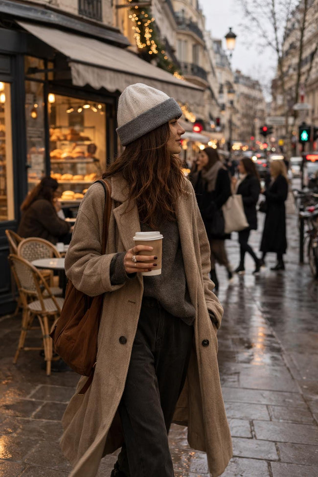 Lian Loungewear dark brown and oatmeal cashmere beanie, two-tone knit winter hat, soft and warm for cold weather.