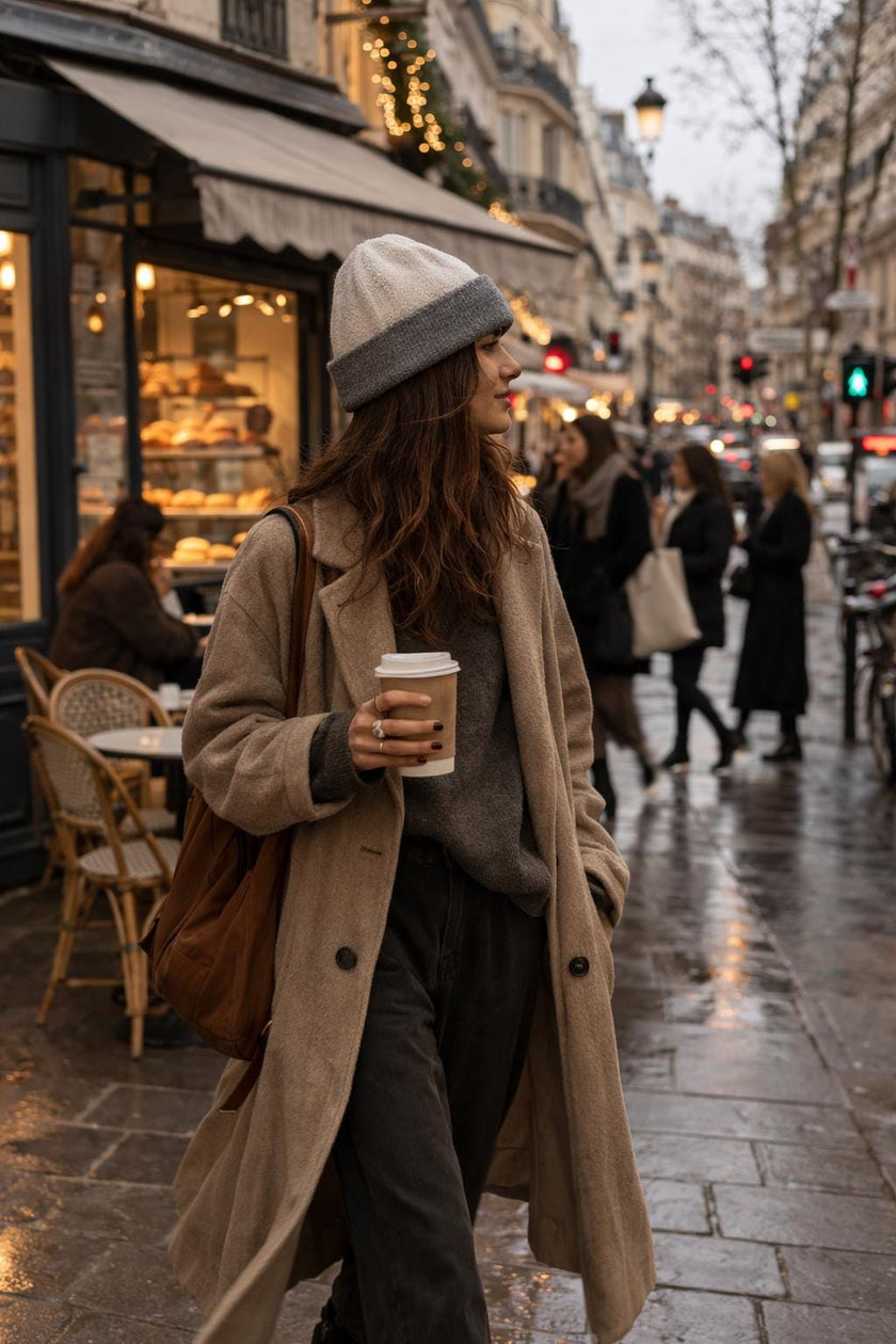 Lian Loungewear dark brown and oatmeal cashmere beanie, two-tone knit winter hat, soft and warm for cold weather.
