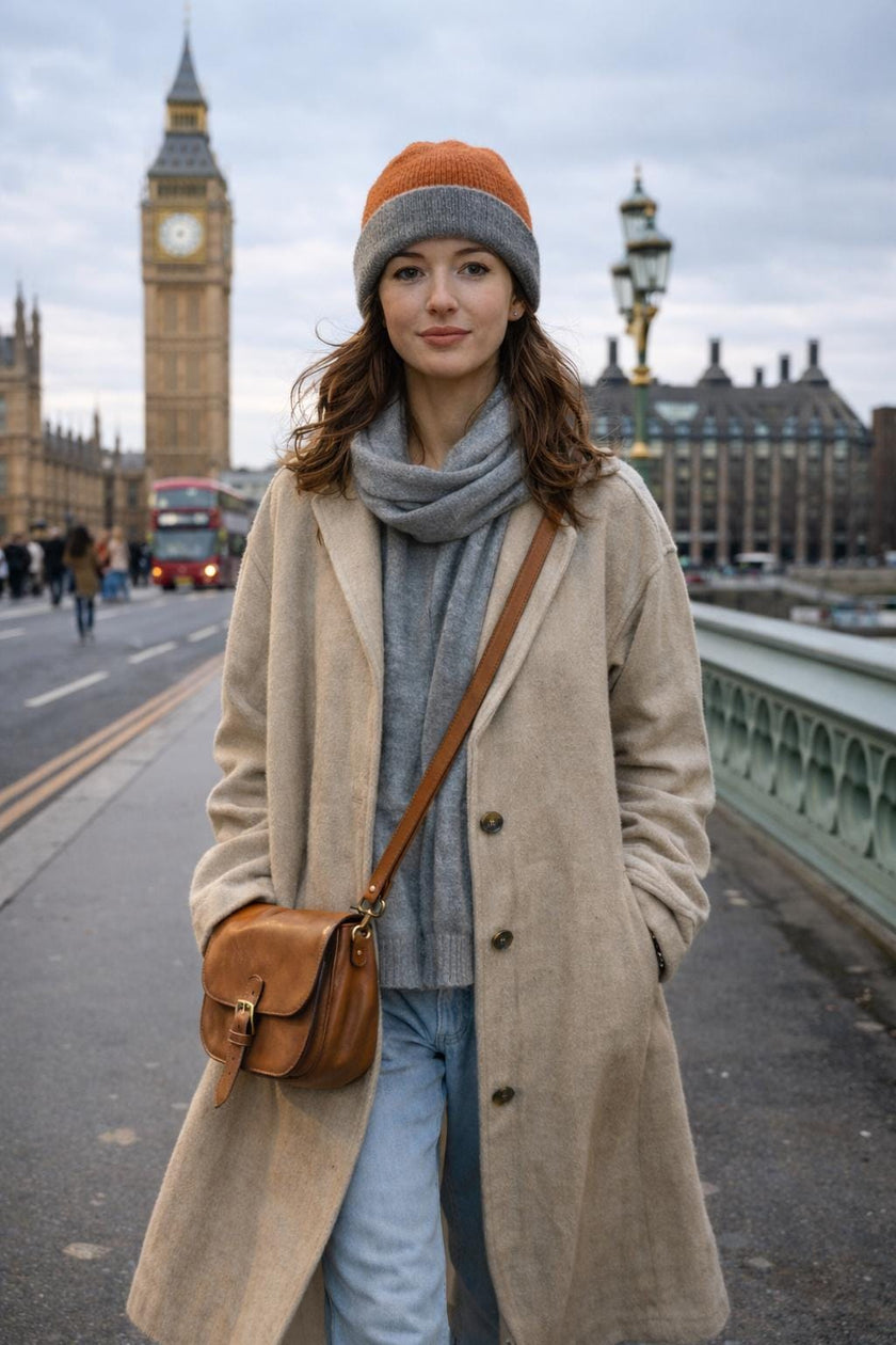 Dark brown and oatmeal two-tone cashmere beanie by Lian Loungewear, featuring a cozy knit winter hat design.