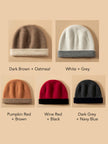 Dark brown and oatmeal two-tone cashmere beanie by Lian Loungewear, showcasing soft knit winter hat with cozy, stylish design.