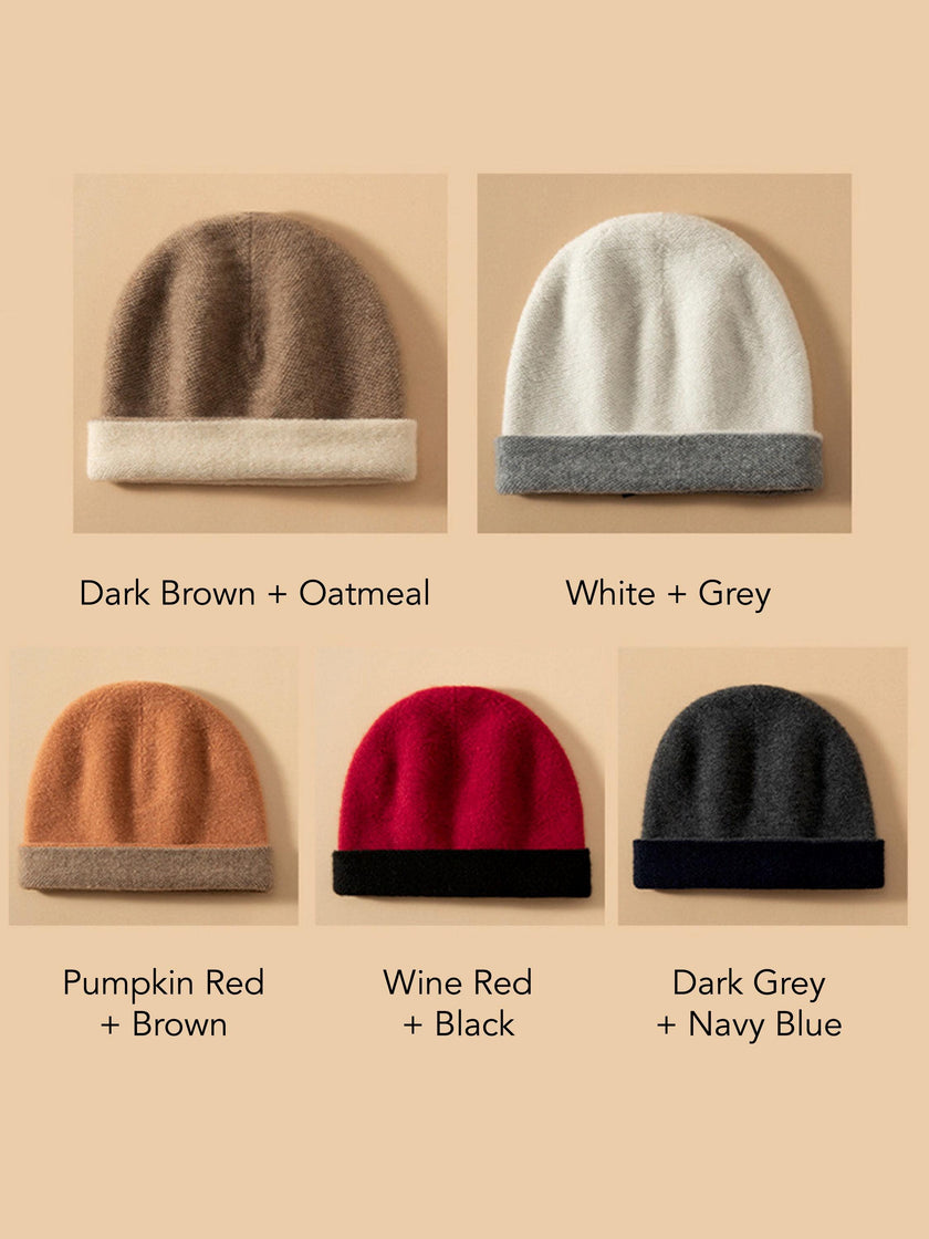 Dark brown and oatmeal two-tone cashmere beanie by Lian Loungewear, showcasing soft knit winter hat with cozy, stylish design.