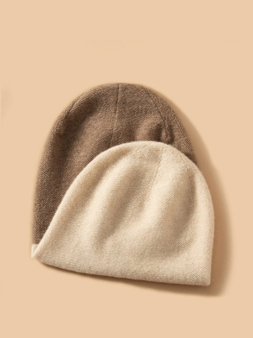 Dark brown and oatmeal cashmere beanie by Lian Loungewear, two-tone knit winter hat with a cozy, stylish design.