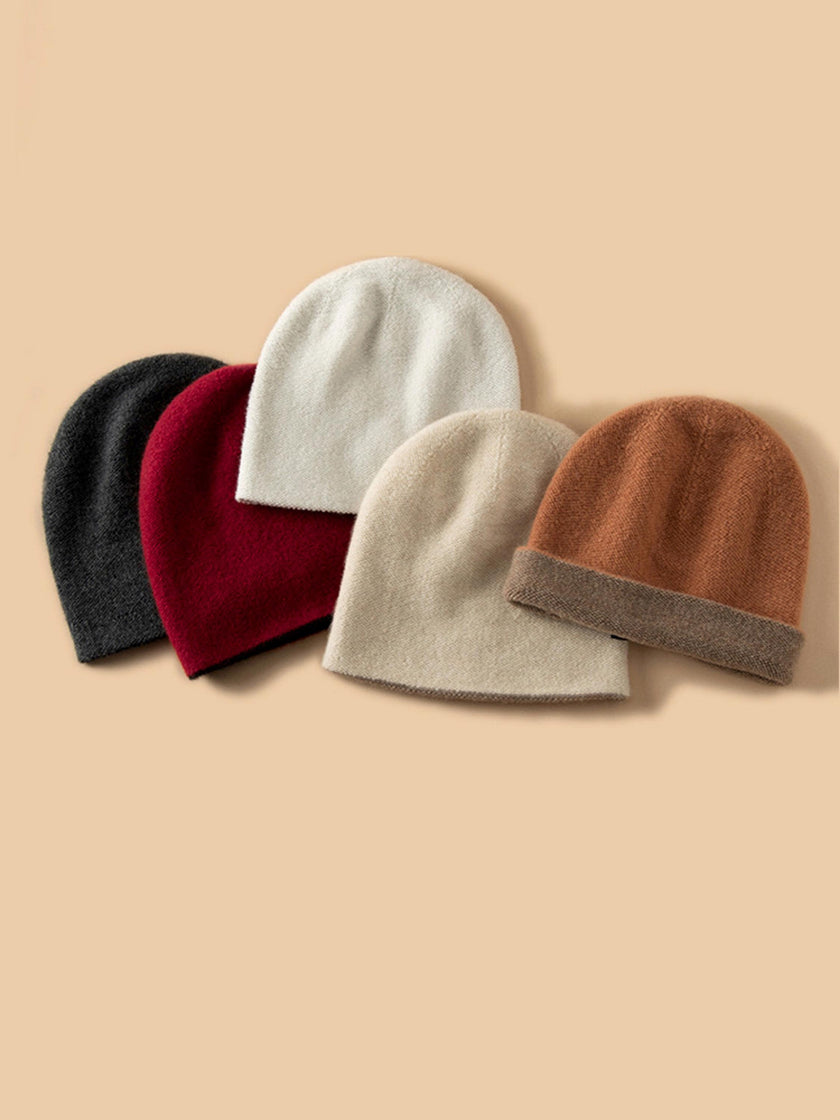 Dark brown and oatmeal cashmere beanie from Lian Loungewear, two-tone knit winter hat with cozy, soft fabric.