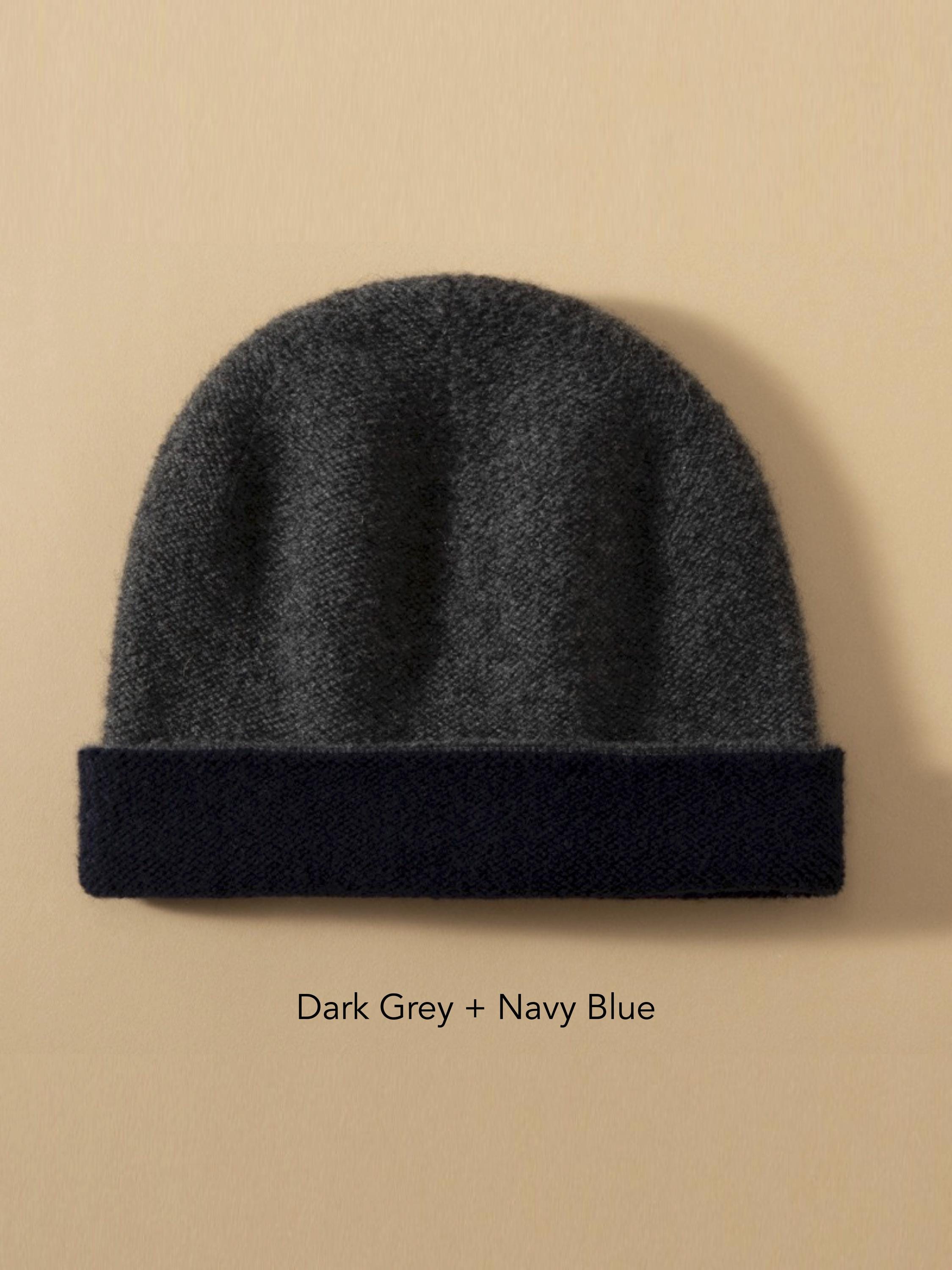 Dark brown and oatmeal two-tone cashmere beanie by Lian Loungewear, showcasing soft knit winter hat with cozy design.