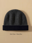 Dark brown and oatmeal two-tone cashmere beanie by Lian Loungewear, showcasing soft knit winter hat with cozy design.