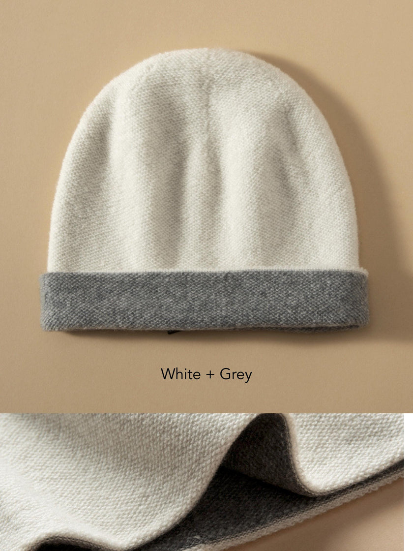Dark brown and oatmeal two-tone cashmere beanie by Lian Loungewear, featuring soft knit winter hat with cozy, stylish design.