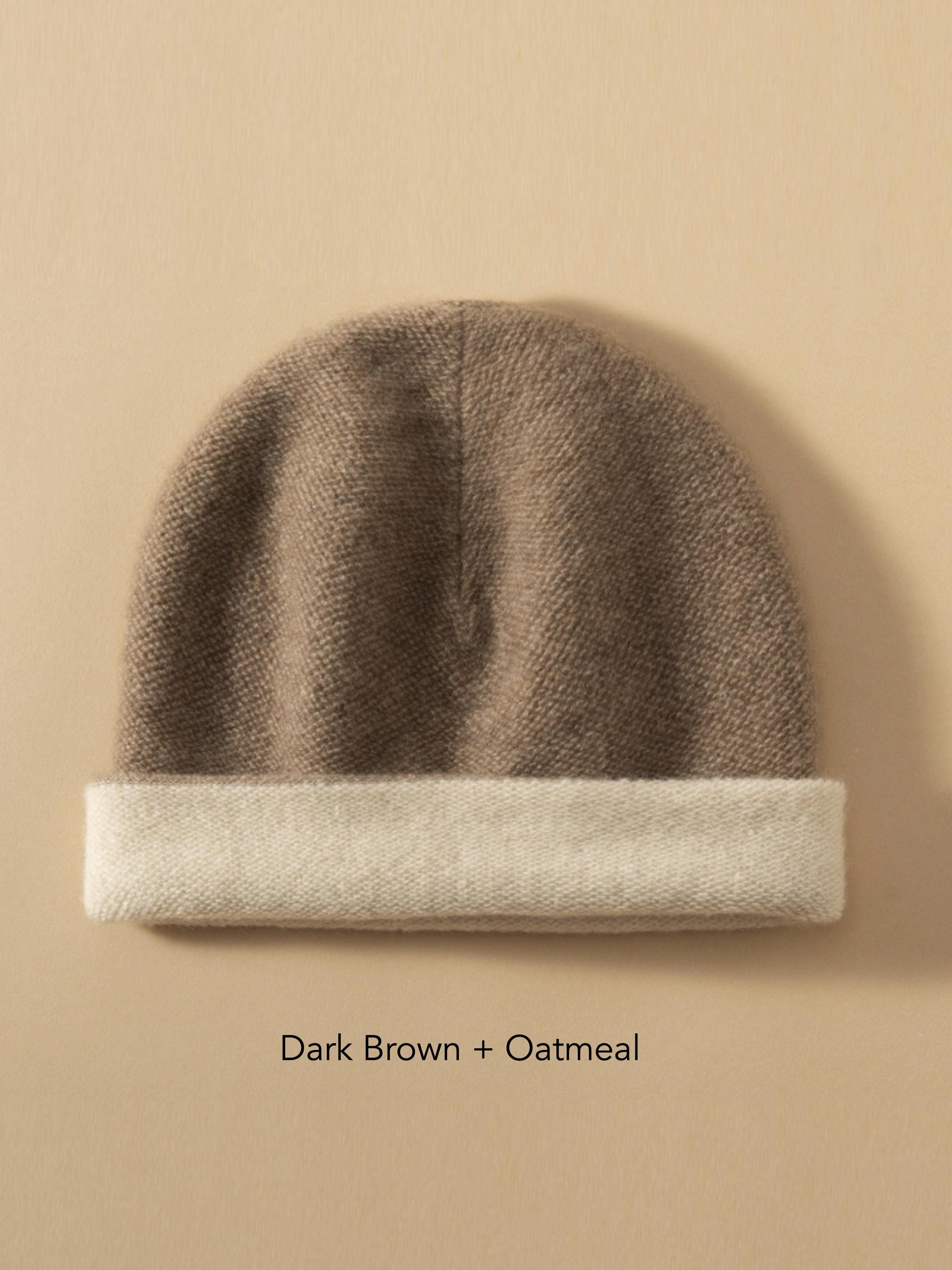 Dark brown and oatmeal cashmere beanie by Lian Loungewear, two-tone knit winter hat with cozy, soft texture.