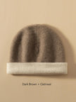 Dark brown and oatmeal cashmere beanie by Lian Loungewear, two-tone knit winter hat with cozy, soft texture.