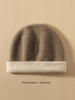 Dark brown and oatmeal cashmere beanie by Lian Loungewear, two-tone knit winter hat with cozy, soft texture.