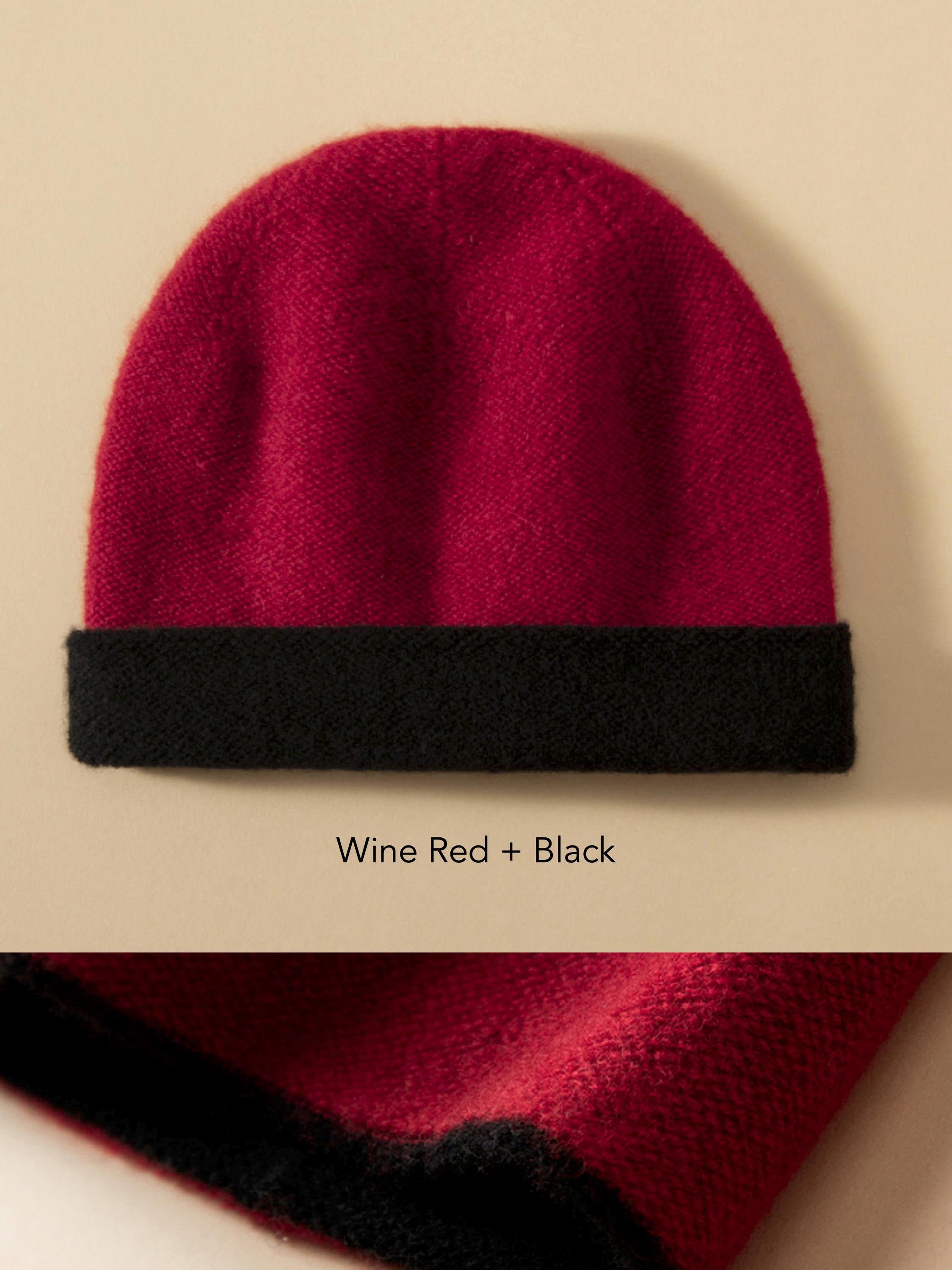 Dark brown and oatmeal two-tone cashmere beanie by Lian Loungewear, featuring a cozy knit winter hat design.
