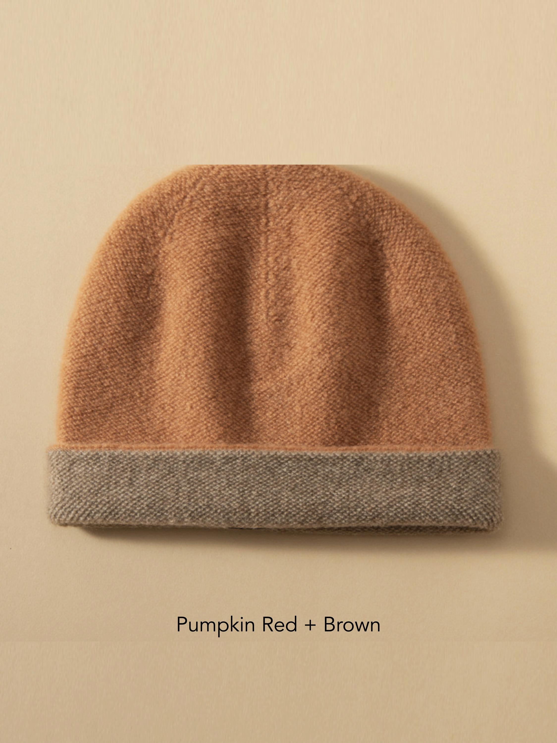 Lian Loungewear dark brown and oatmeal two-tone cashmere beanie, soft knit winter hat with cozy, stylish design.
