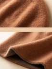 Dark brown and oatmeal cashmere beanie by Lian Loungewear, two-tone knit winter hat with cozy, soft texture.