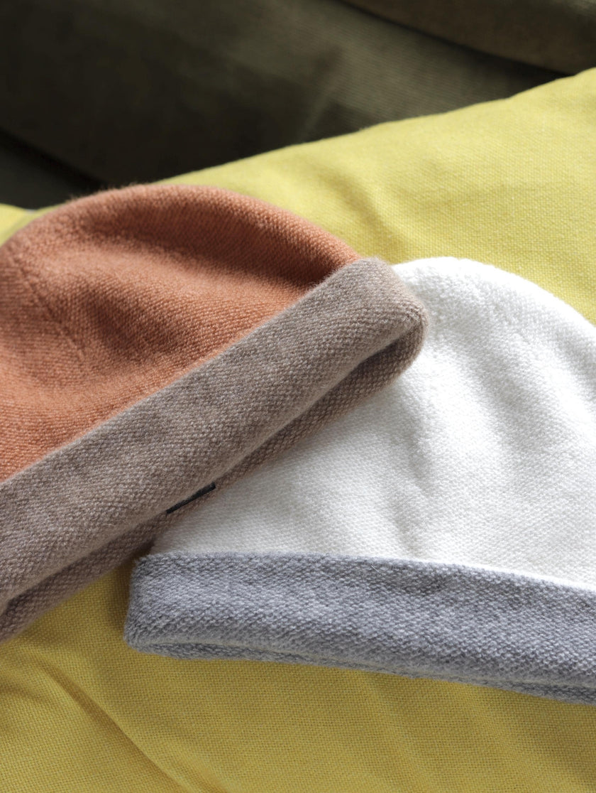 Dark brown and oatmeal two-tone cashmere beanie by Lian Loungewear, cozy knit winter hat with a soft, warm fit.