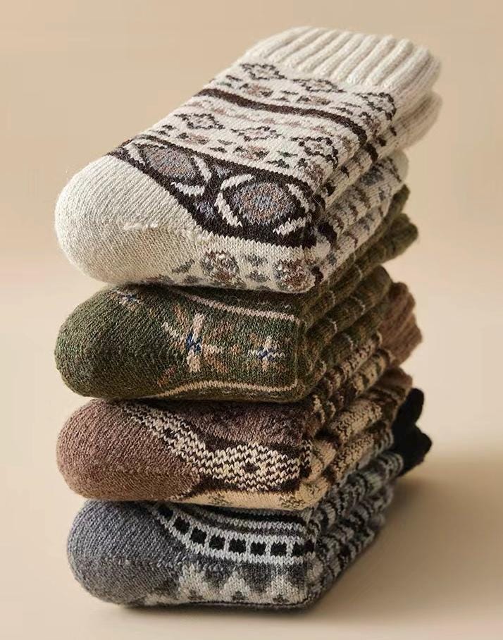 Three pairs of Scandinavian Merino wool socks from Lian Loungewear in a gift box set, showcasing cozy, high-quality wool socks.