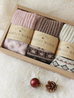 Three pairs of Scandinavian Merino wool socks from Lian Loungewear in a gift box set, showcasing cozy, soft knit socks.