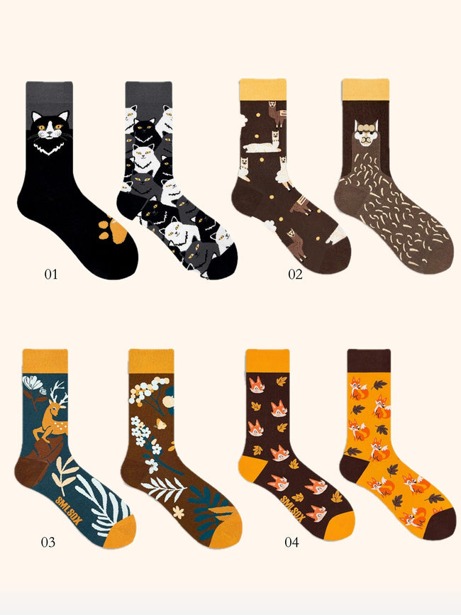 Lian Loungewear AB Novelty Crew Socks with animal and graphic mismatched designs, cotton blend, one pair or four-pack gift box