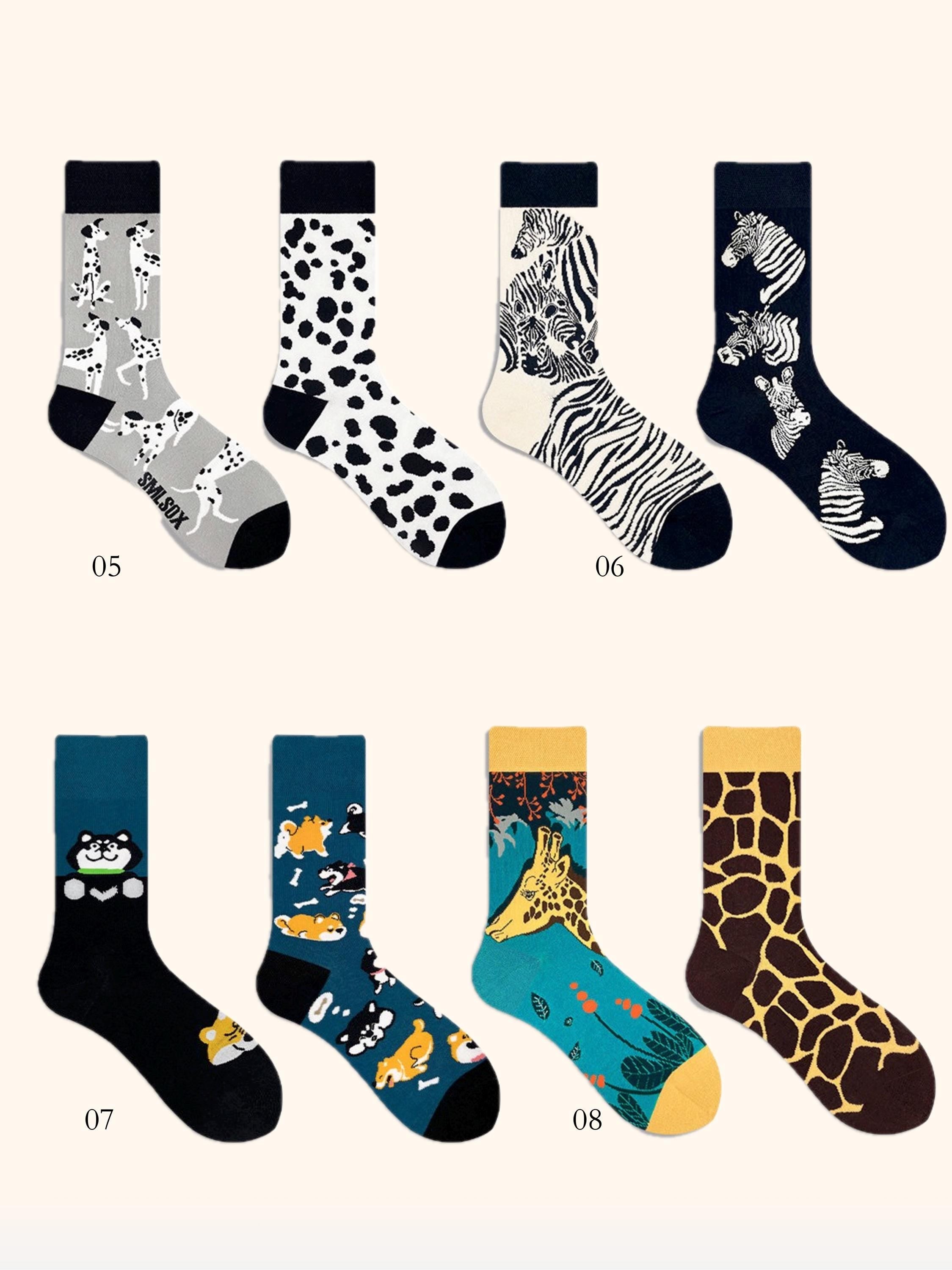 Lian Loungewear AB novelty crew socks with animal and graphic mismatched designs in cotton blend, available as single or gift box pairs.