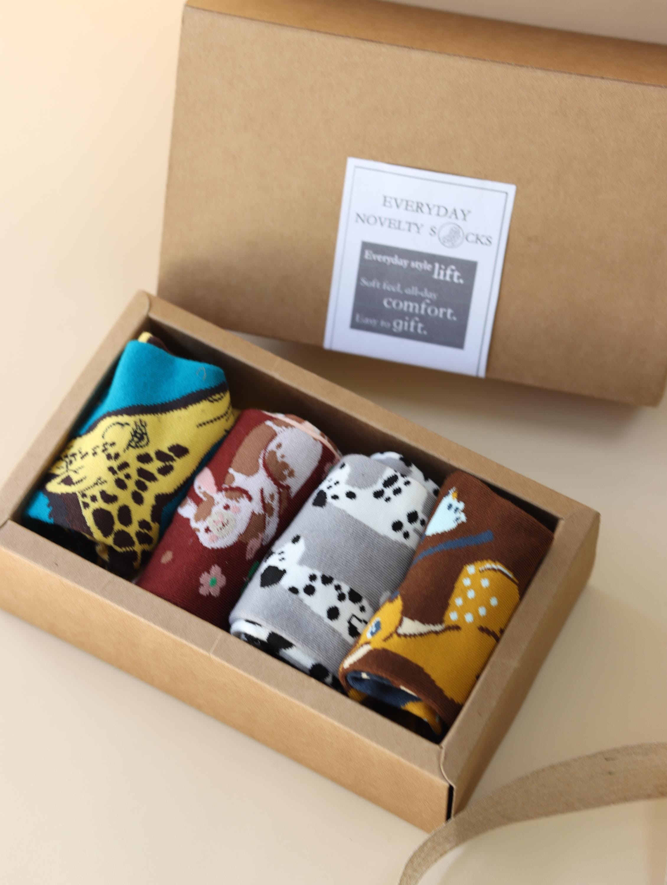 Lian Loungewear AB Novelty Crew Socks with animal and graphic mismatched designs in cotton blend, perfect as a fun gift.