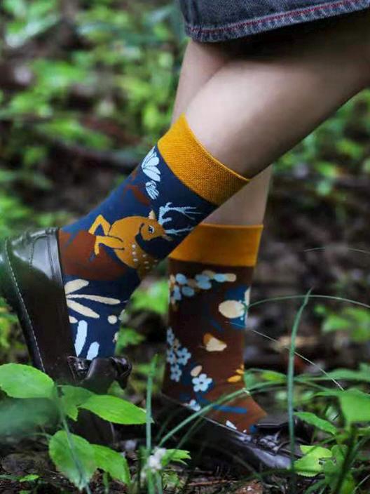 Lian Loungewear AB Novelty Crew Socks with animal and graphic mismatched designs in a cotton blend, one or four pairs gift box