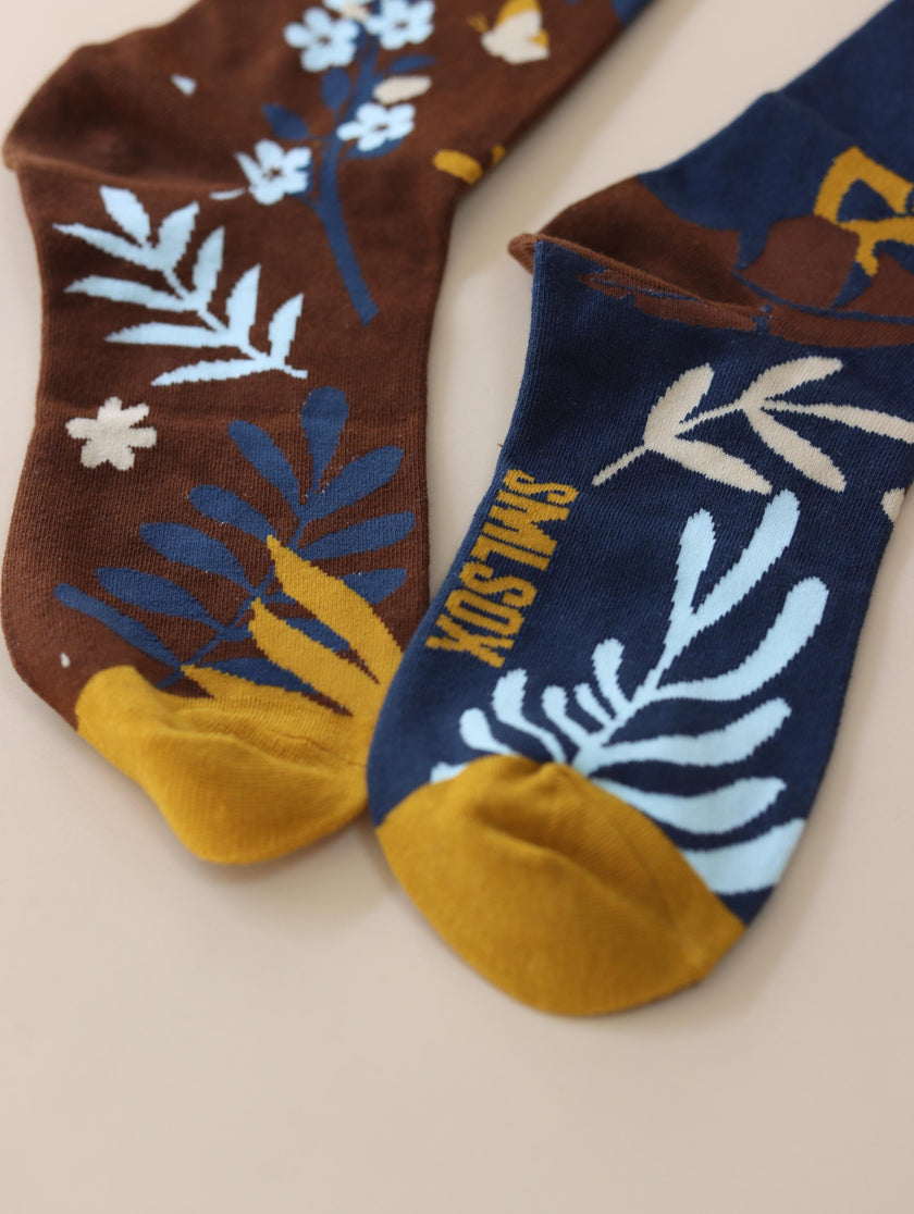 Lian Loungewear AB novelty crew socks with animal and graphic mismatched designs in cotton blend, available as single pair or gift box