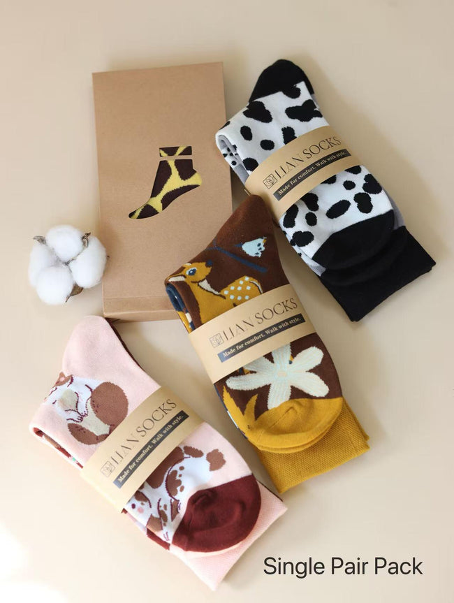 Cotton blend funny mismatched socks by Lian Loungewear with animal and graphic designs in a gift box set for birthdays.