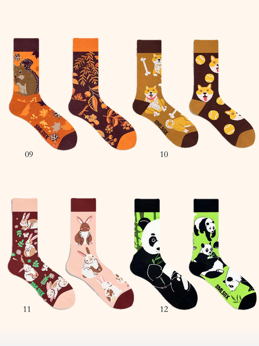 Cotton blend funny socks by Lian Loungewear featuring mismatched animal and graphic designs in a gift box set.