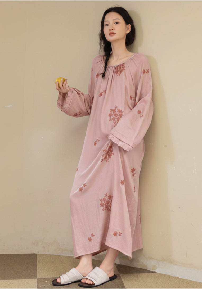 Lian Loungewear bamboo cotton embroidered loungewear set featuring a relaxed fit, soft fabric, and intricate embroidery details.