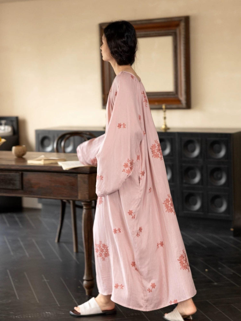 Lian Loungewear bamboo cotton embroidered loungewear set featuring a comfortable dress and gown in soft, natural fabric.