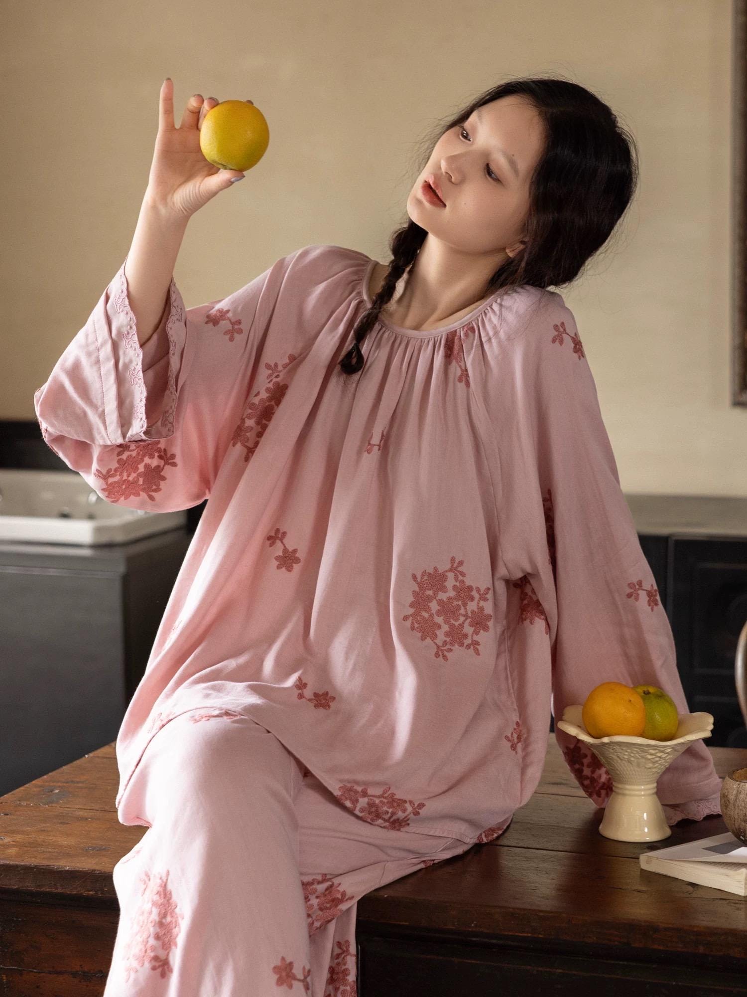Lian Loungewear bamboo cotton embroidered loungewear set with a relaxed fit, featuring a top and matching pants in soft fabric.