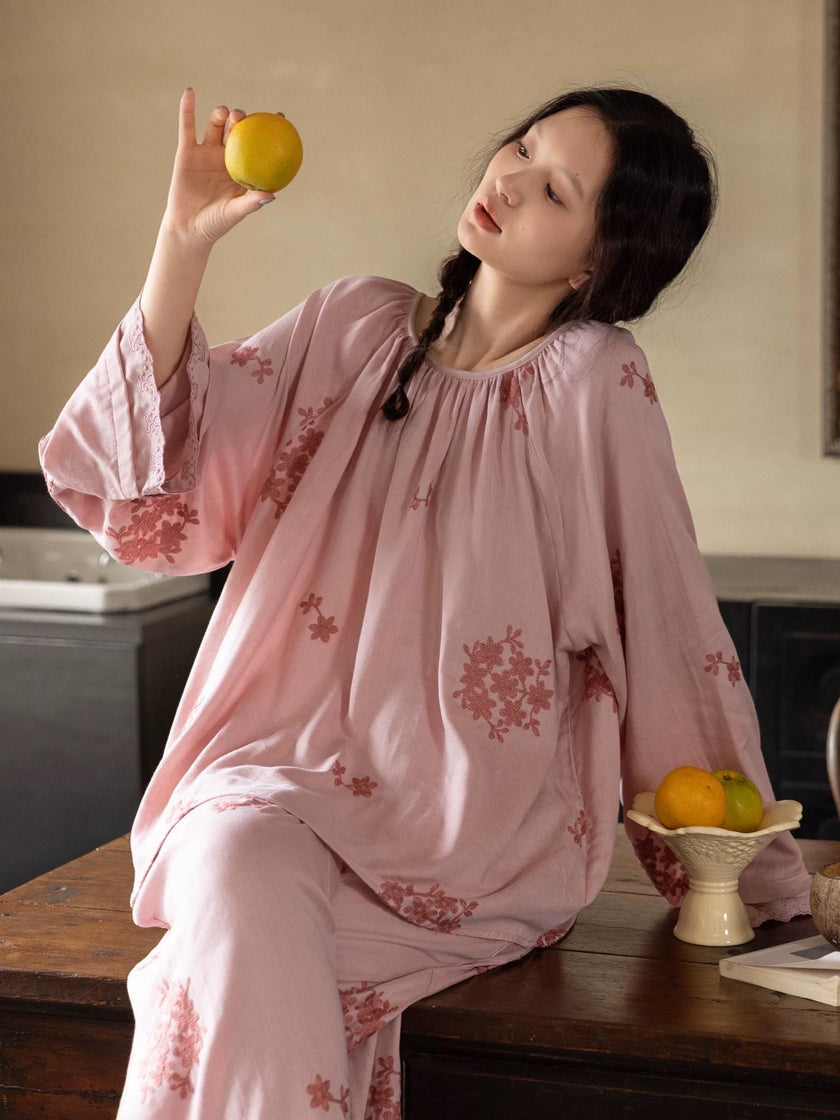 Lian Loungewear bamboo cotton embroidered loungewear set with a relaxed fit, featuring a top and matching pants in soft fabric.