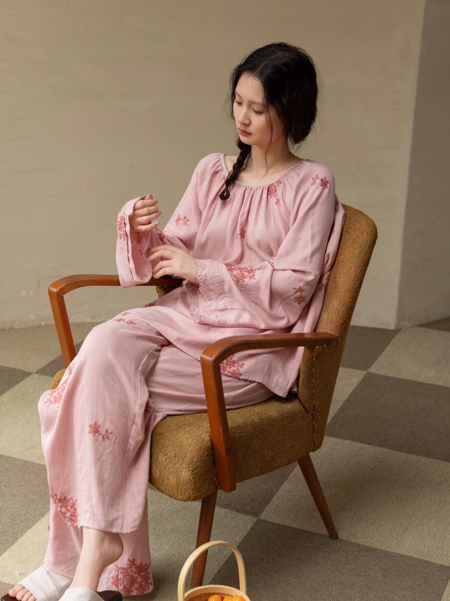 Lian Loungewear bamboo cotton embroidered loungewear set featuring a relaxed dress and gown in soft, comfortable fabric.