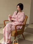 Lian Loungewear bamboo cotton embroidered loungewear set featuring a relaxed dress and gown in soft, comfortable fabric.