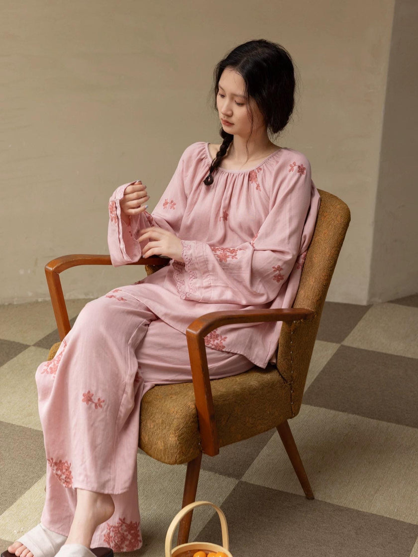 Lian Loungewear bamboo cotton embroidered loungewear set featuring a relaxed dress and gown in soft, comfortable fabric.