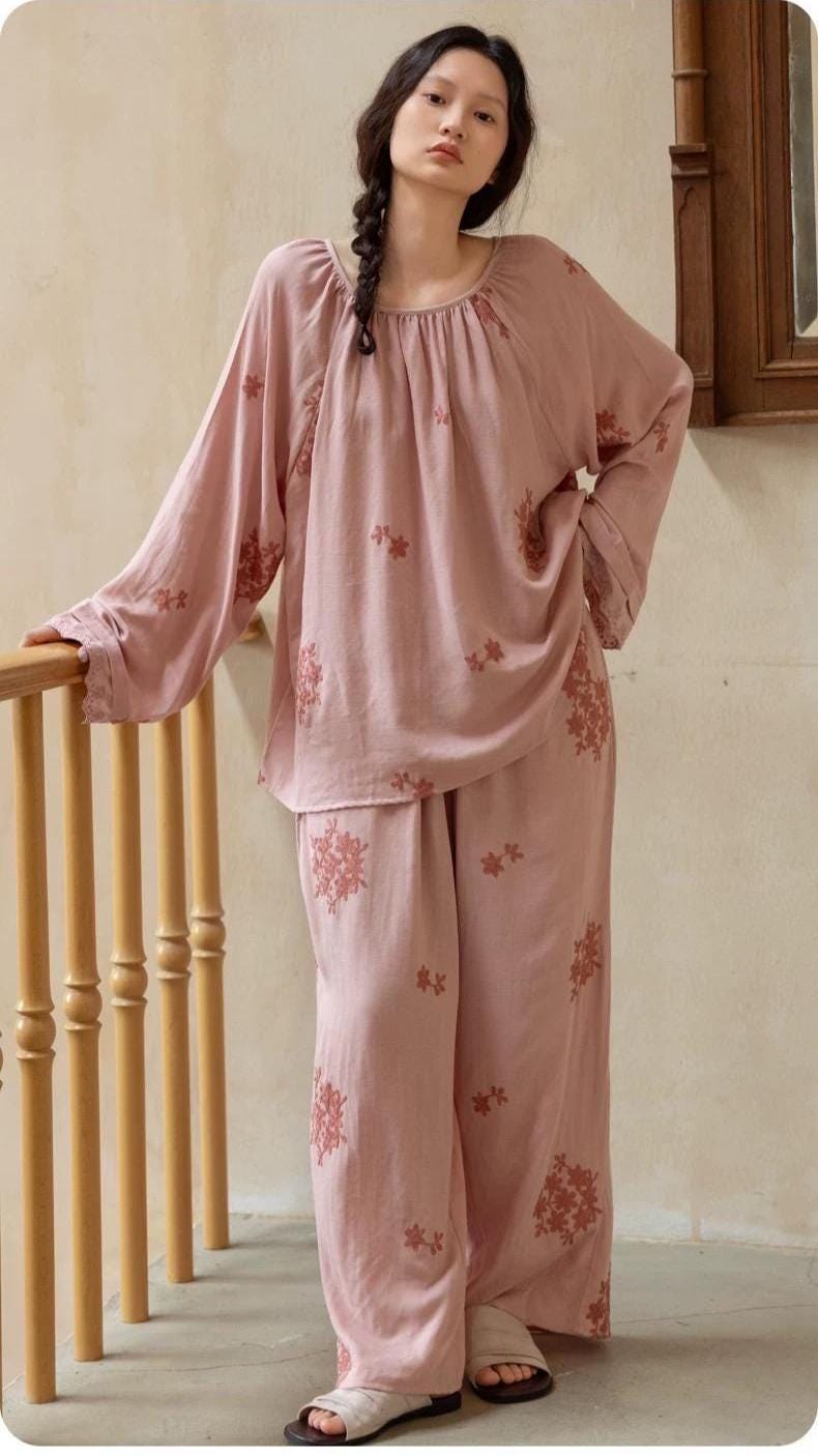 Lian Loungewear bamboo cotton embroidered loungewear set with a relaxed fit, featuring a top and matching pants in soft, breathable fabric.