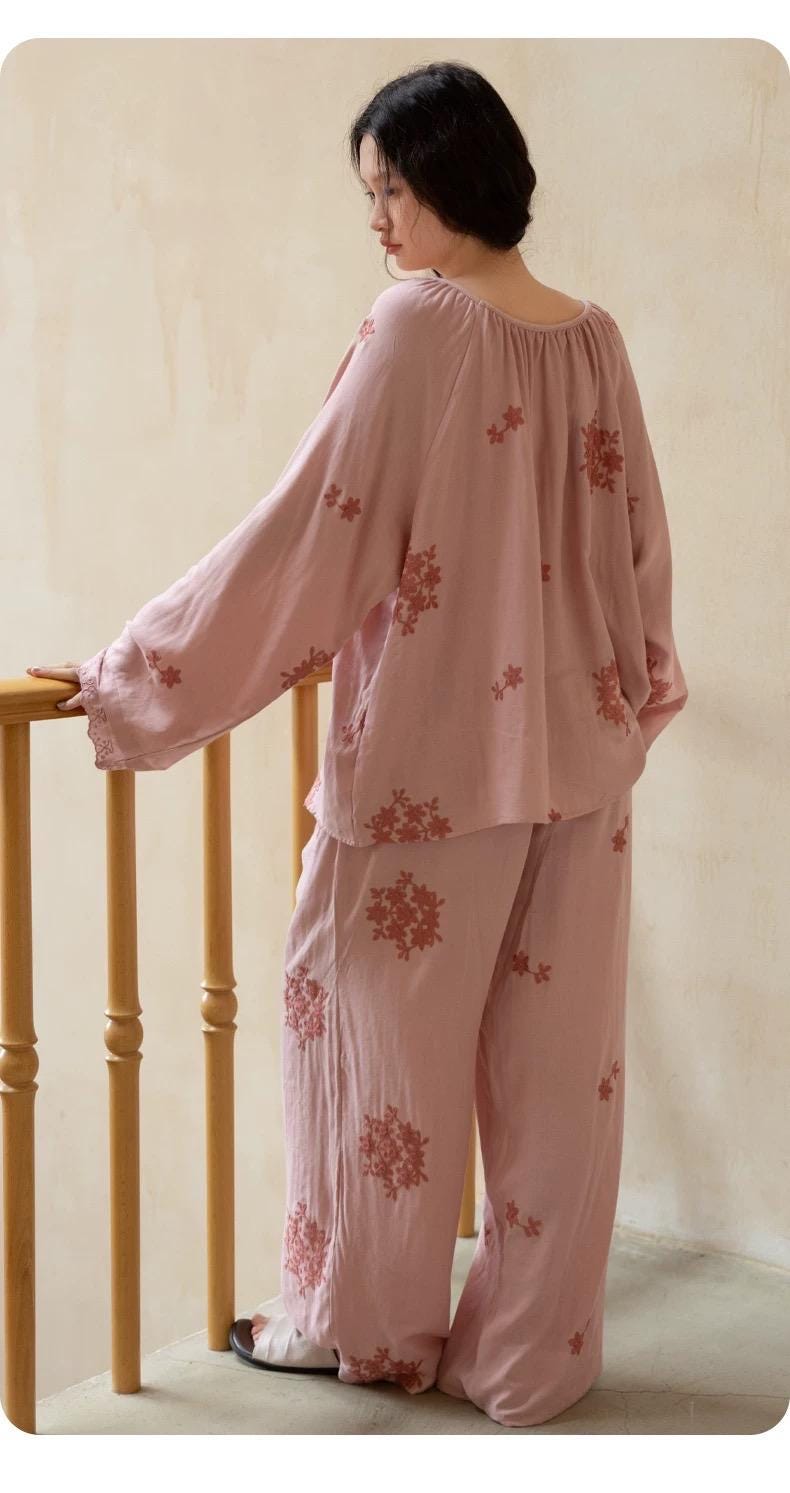 Lian Loungewear Bamboo Cotton Embroidered Loungewear Set featuring a relaxed dress gown in soft bamboo cotton fabric.